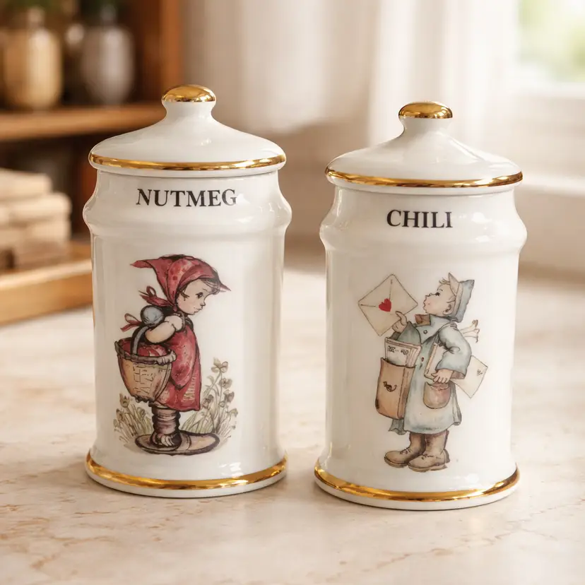 Vintage 1987 Danbury Mint MJ Hummel Porcelain Spice Jars, Chili and Nutmeg