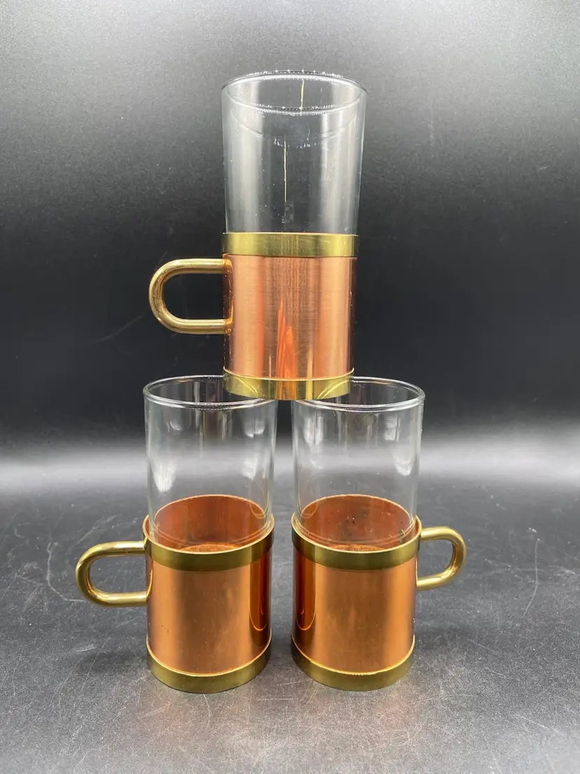 Vintage Beucler Cobras Copper Brass Irish Turkish Coffee Latte Glasses Set Of 3
