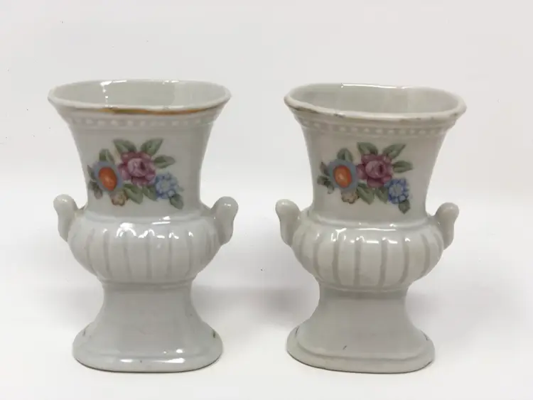 Miniature Porcelain Urn Pair with Hand Painted Floral Design and Gold Detail Marked Occupied Japan