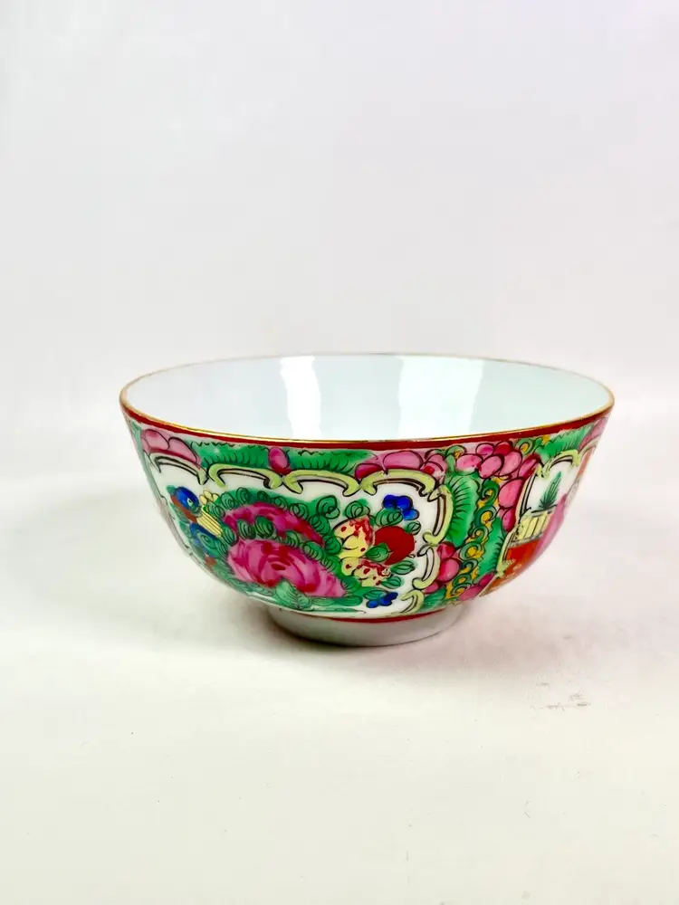 Vintage Famille Rose Medallion Rice Bowl Chinese Porcelain Floral