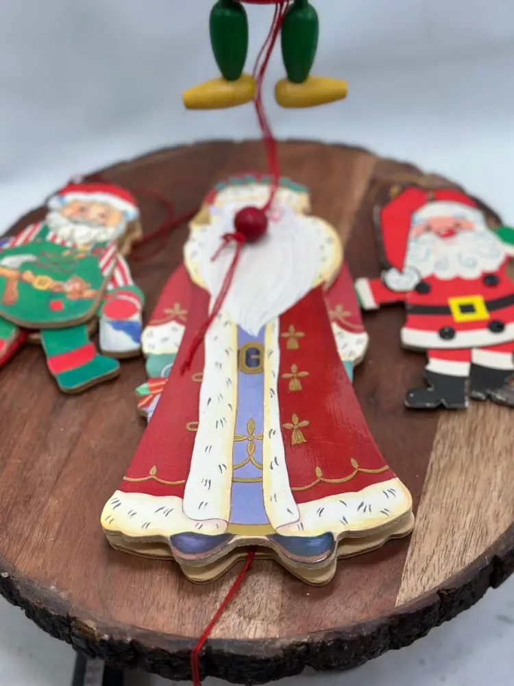 Vintage Wood Pull String Santa Claus Ornaments Lot Of 4
