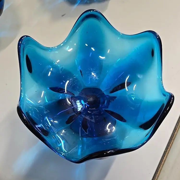 Vintage Viking Glass Blue Epic Blue Petal Compote Pedestal Bowl MCM 5x7