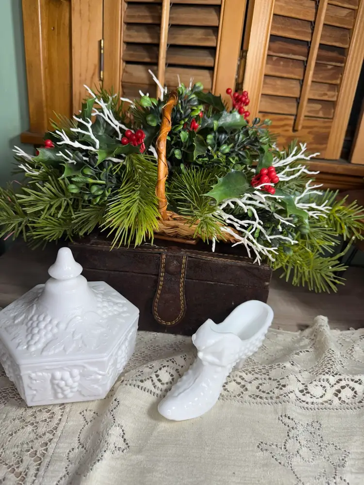 Merry Christmas Vignette Imperial Candy Dish, Milk Glass Fenton Shoe, Vintage Greenery Basket