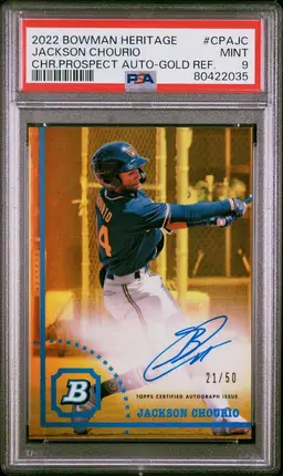 2022 Bowman Heritage Chrome Prospects Jackson Chourio Gold Refractor AUTO PSA 9 Milwaukee Brewers