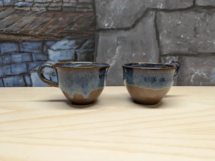 Studio Art Pottery 2 Coffee Mug Tea Cup Signed by Artist Drip Glaze Brown Blue