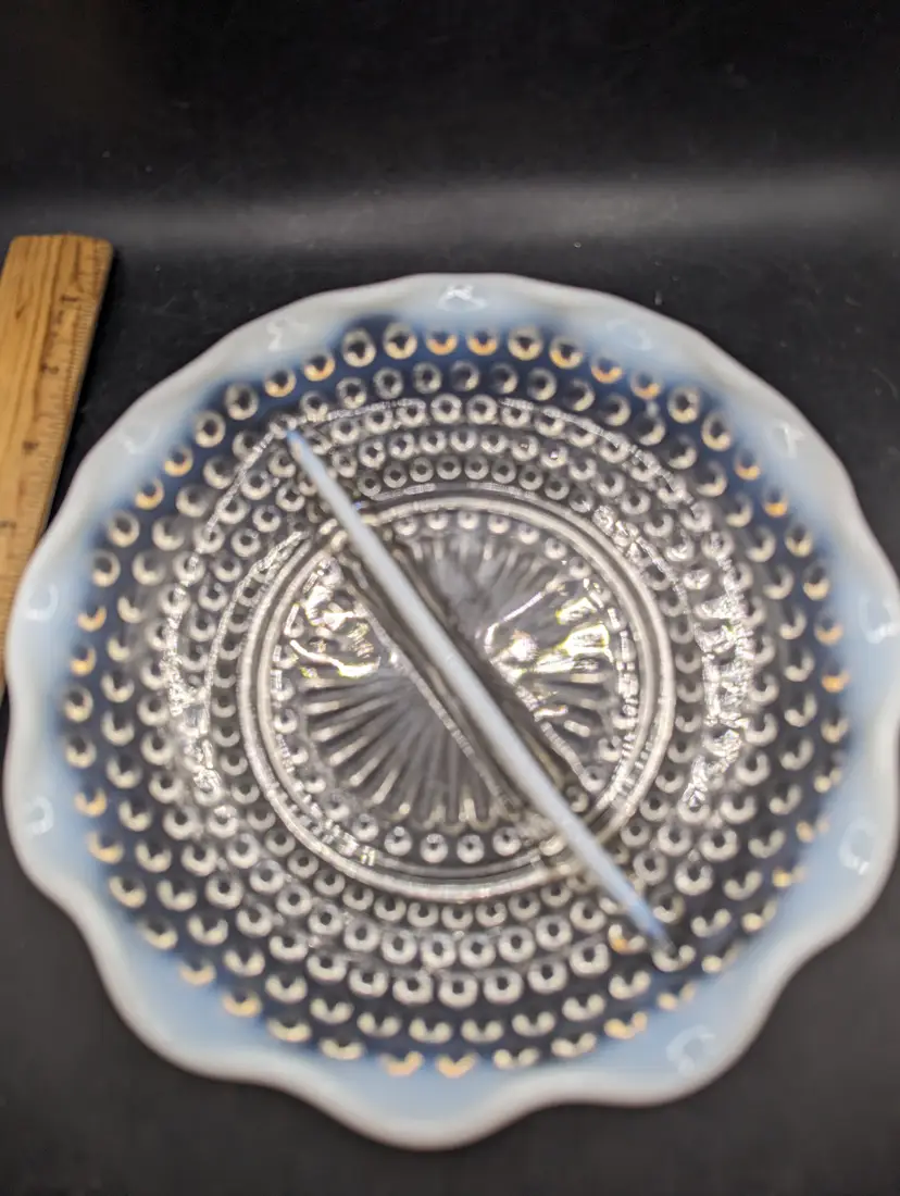 Vintage Fenton Divided Glass Dish, White Opalescent, Hobnail Moonstone Pattern