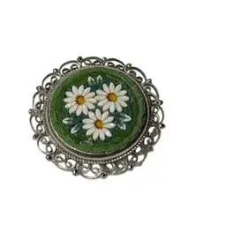 Vintage Silver Filigree Micromosiac Daisy Brooch - 1.5”