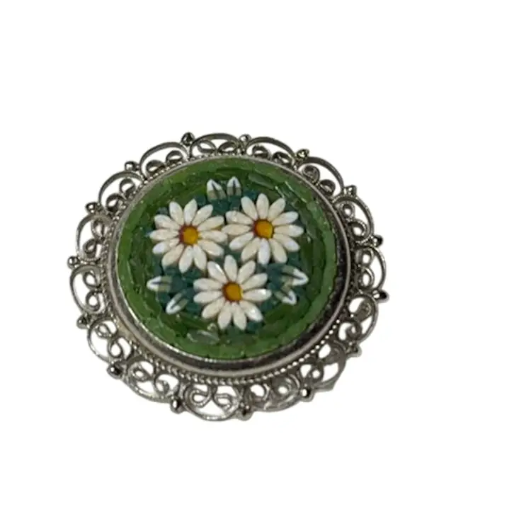 Vintage Silver Filigree Micromosiac Daisy Brooch - 1.5”
