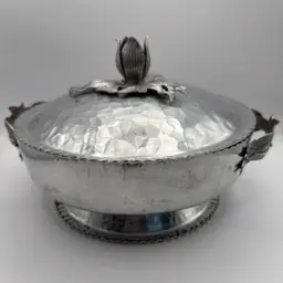 Vintage Hammered Aluminum Pot With Floral Designed Lid Double Handles