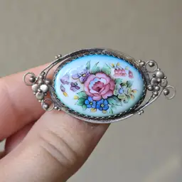 Vintage Russian Finift Floral Flower Brooch Silver Tone Filigree