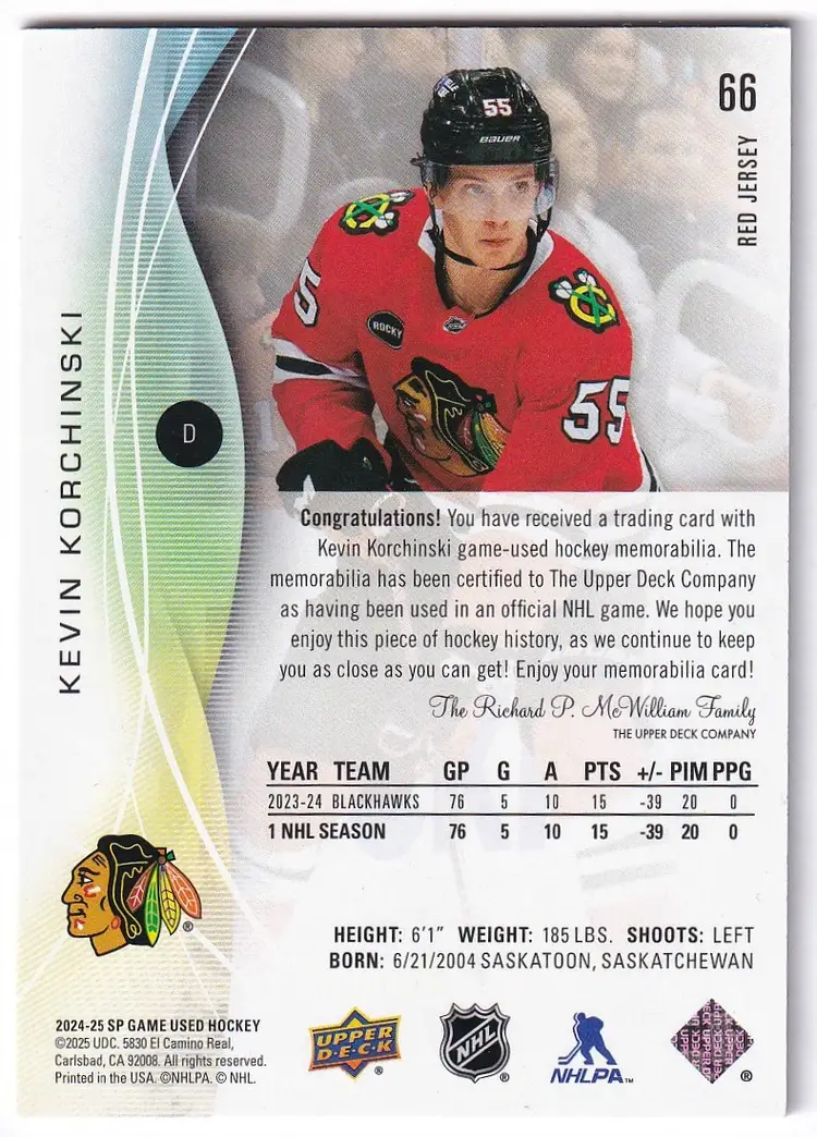 2024-25 SP Game Used Jerseys Red #66 Kevin Korchinski Chicago Blackhawks Hockey Card