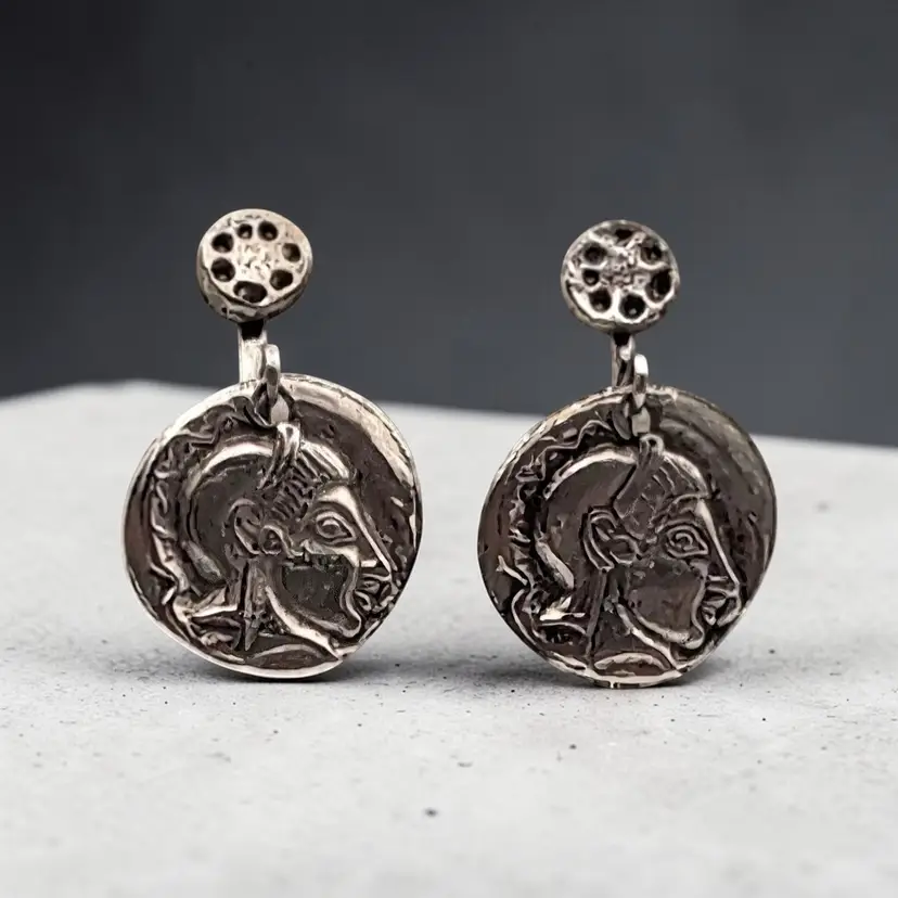Ancient Athenian Coin Greek Goddess Athena Replica Silver Tone Clip on Earrings