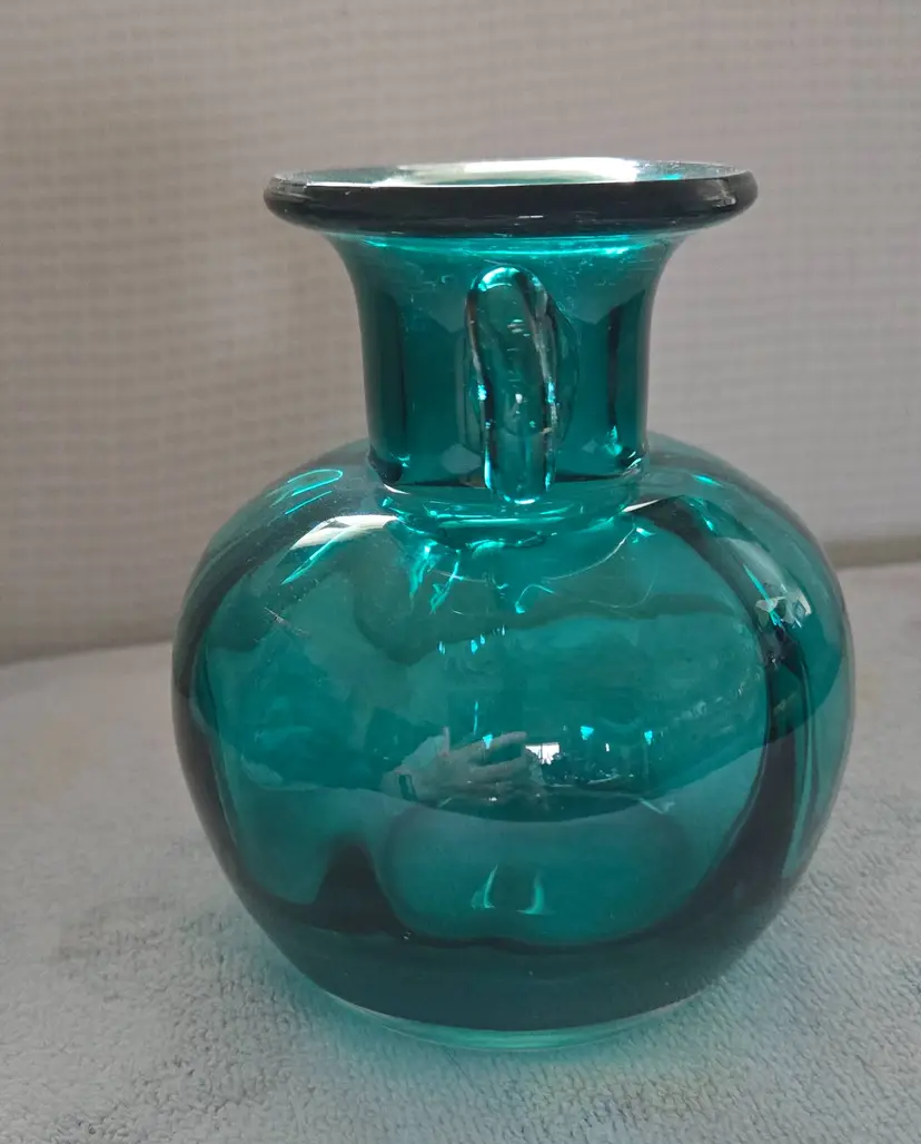 Vintage Hand Blown Teal Art Glass Vase With Applied Clear Glass Handles