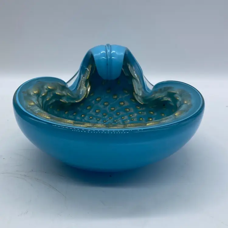1965 Barbini Murano Glass Ashtray Blue w/ Gold Flecks