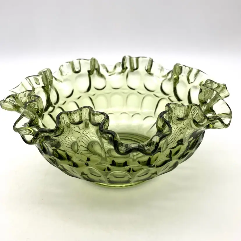 BIN - Vintage Fenton 8” Colonial Green Thumbprint Ruffled Edge Bowl