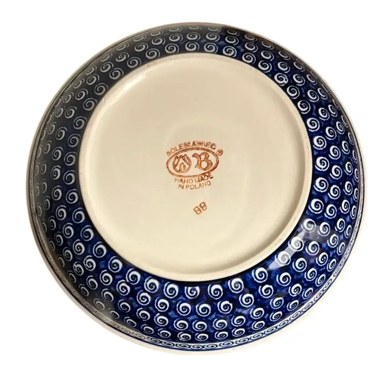 Boleslawiec Polish Pottery Blue Peacock Design Round Bowl 9.75” Inch 8B