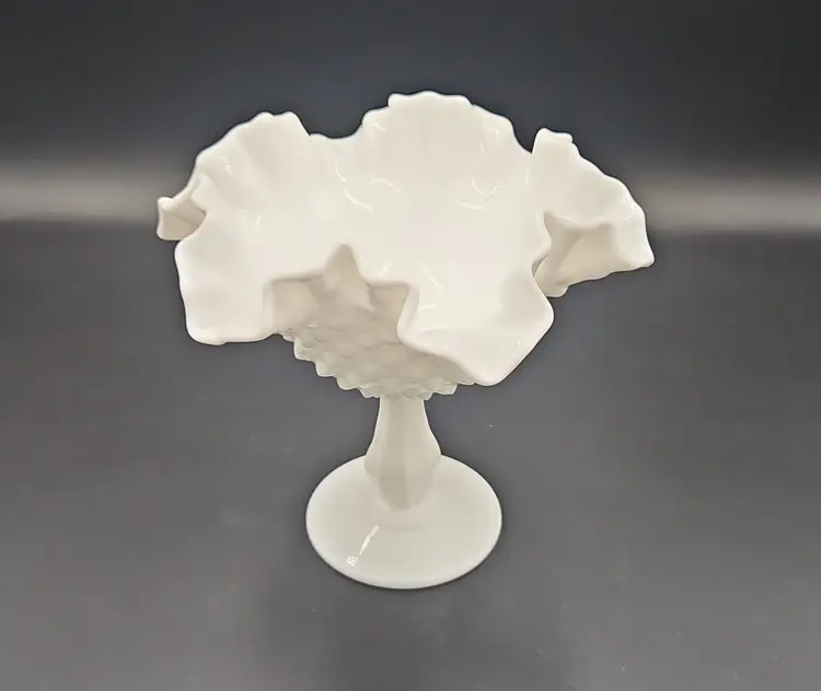 Fenton Milk Glass Hobnail Ruffled Compote