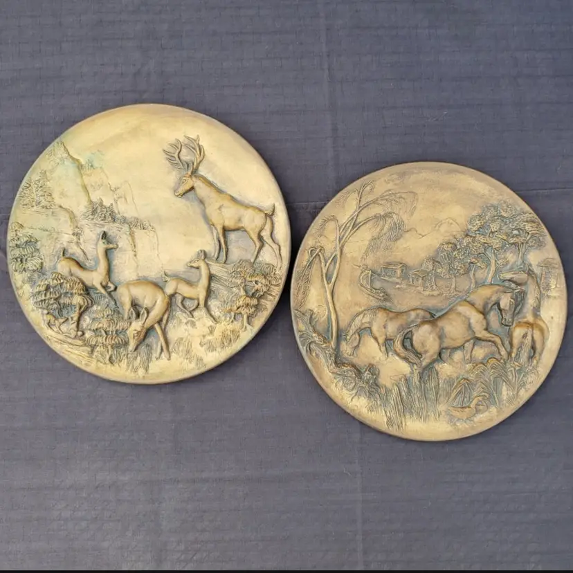 Vintage MIRAMAR CALIFORNIA POTTERY Horses Deer Matte Brown RARE WALL PLATE SET