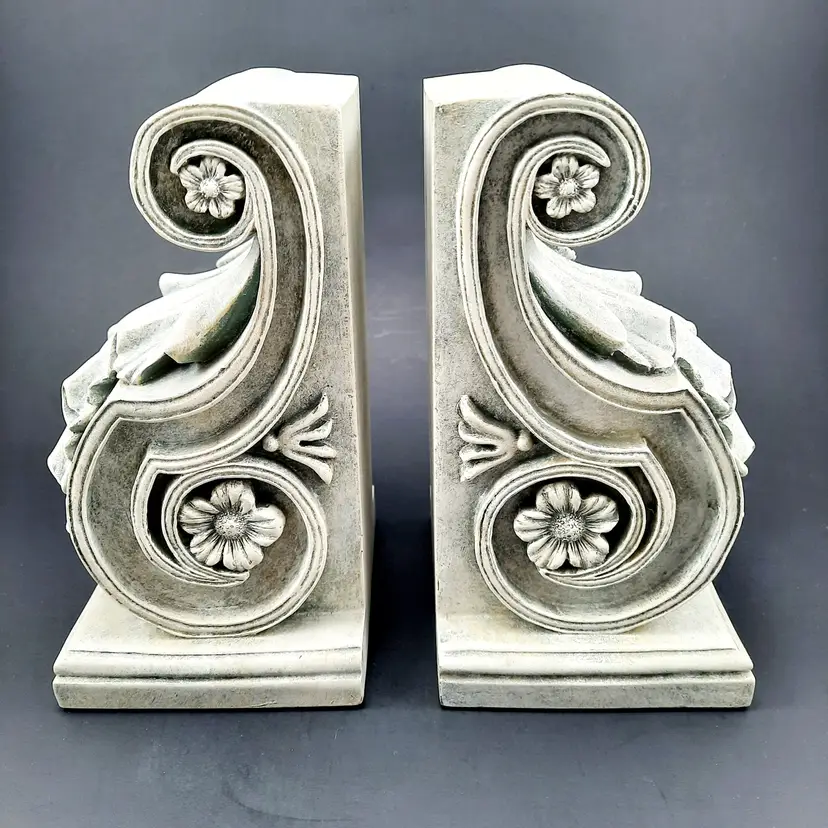 San Pacific International Bookends Scroll Leaf Design Blue Gray Ivory