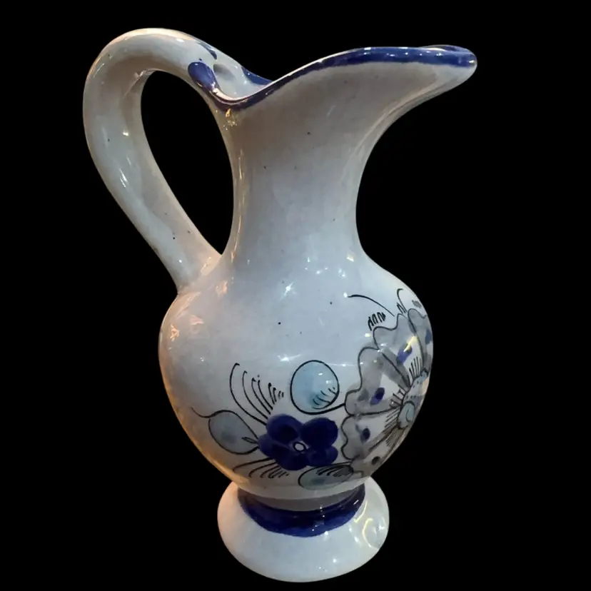 Vintage Hand-Painted Mexican Pottery Miniature Ewer /Pitcher Blue Floral Folk Art 4.75”