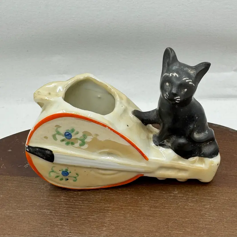 Vintage Porcelain Cat With Impressive Eyebrows With Guitar Figurine/ashtray/planter