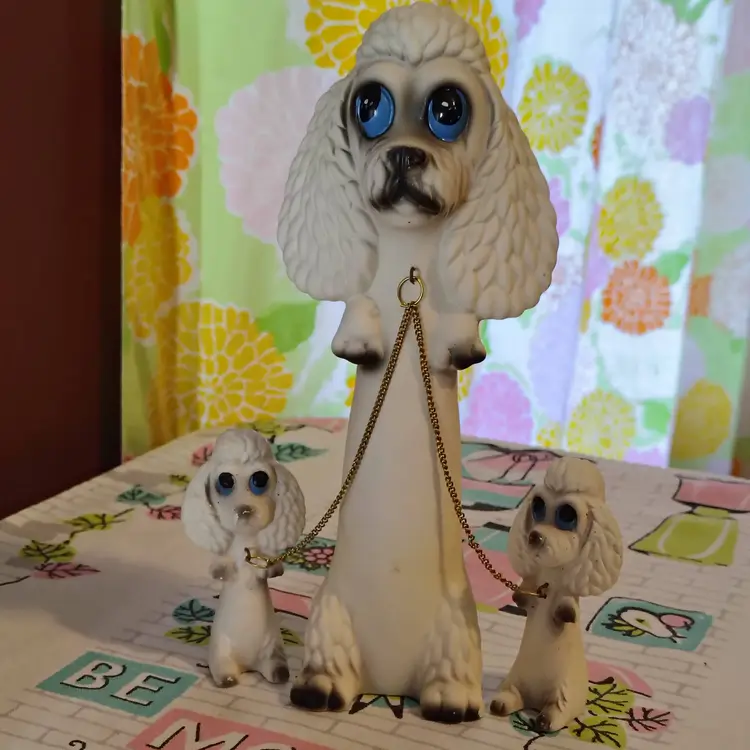Vintage Tall Poodle Family Figurine Set | Kitschy Mid Century Poodles | Fun & Stylish Mama Dog and Puppies | 1960s HOLMAR | Made in Japan