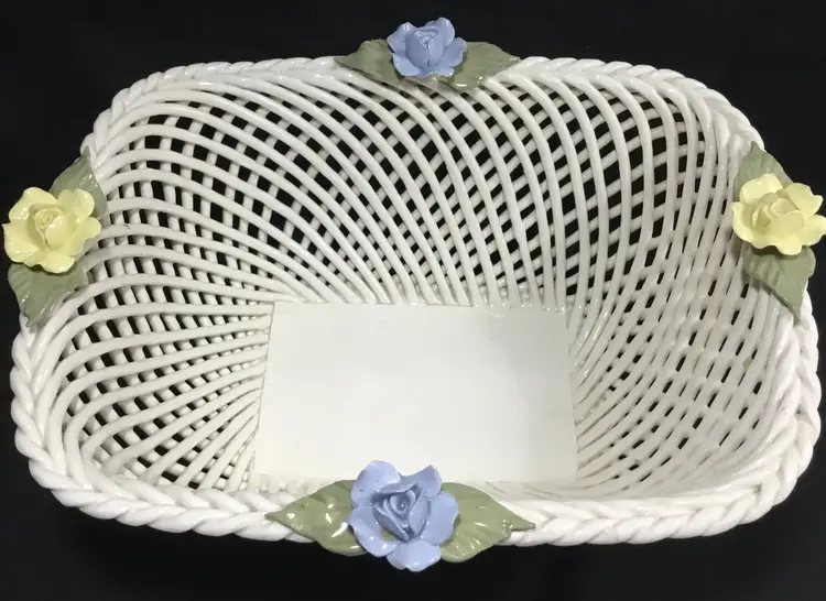 Ceramic lattice basket blue yellow flowers, Capodimonte?? 10.5" x 8.5" x 5"