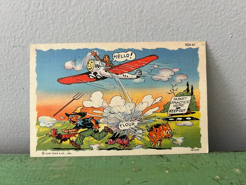 1950s Army Linen Postcard. Vintage Military Comic. War, Bawdy Airplane Bomber Plane, Farmer