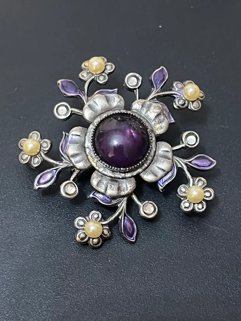 Vintage Bezel Set Amethyst Pressed Metal Floral Layered Enamel Faux Pearl Brooch