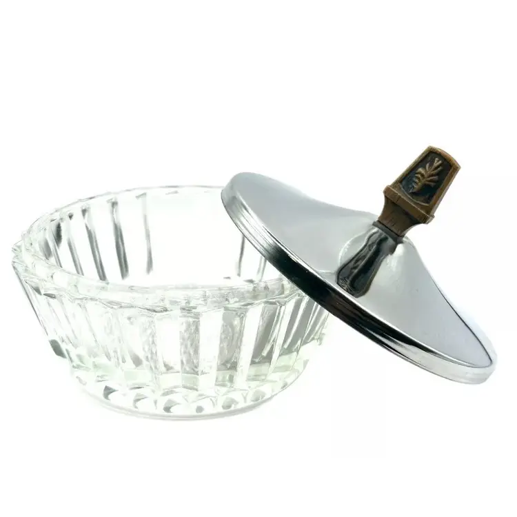 MCM Vintage Pressed Glass with Silver Lid  Candy Trinket Jewelry Nuts Covered Dish