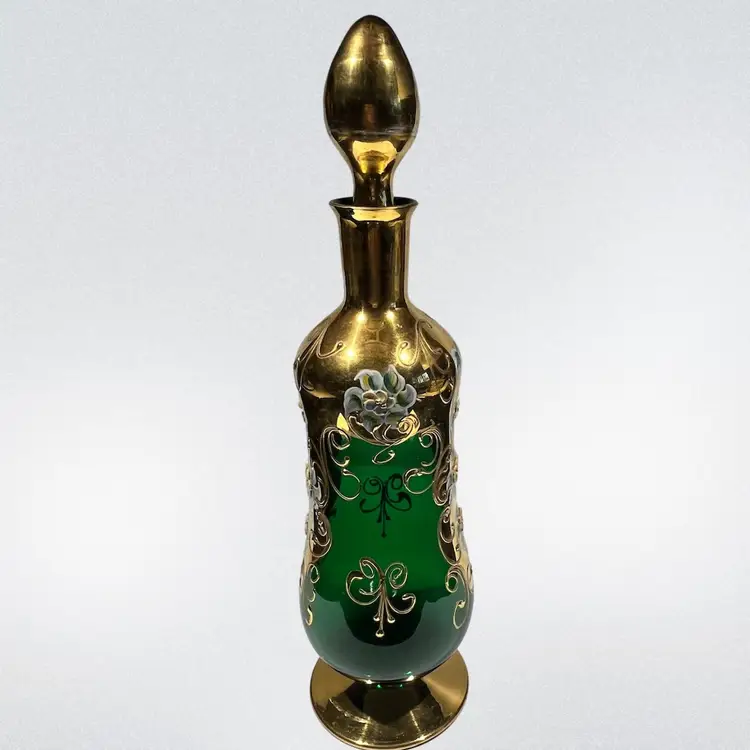 Vintage Bohemian- Green & Gold Glass Decanter – 13” Hand-Painted with Enamel Florals