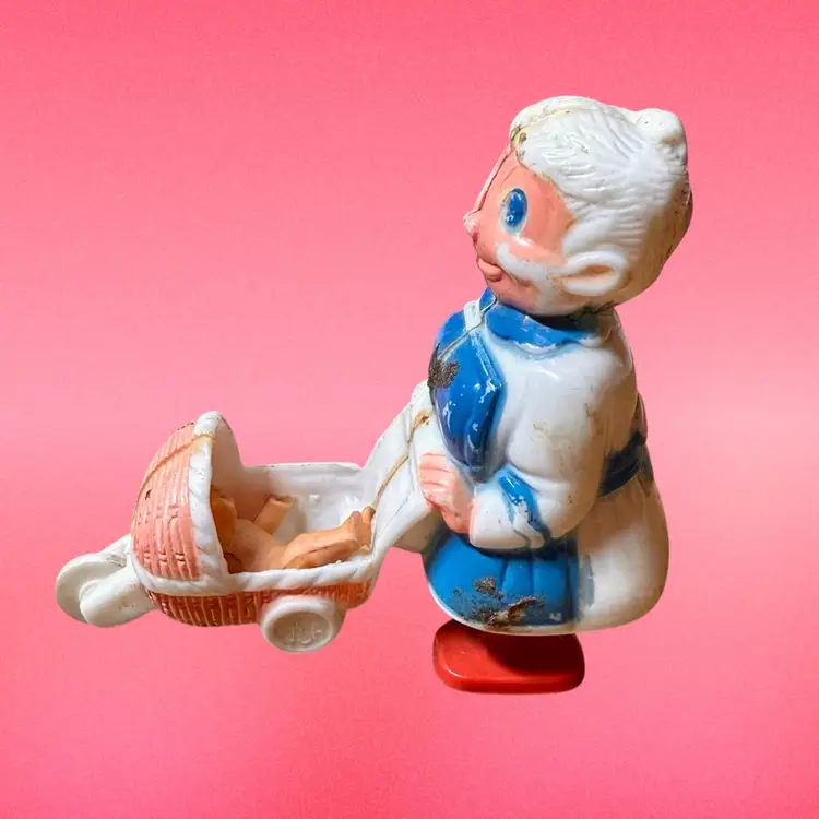 60’s Marx Celluloid Ramp Walker Toy, Nanny And Baby Stroller, READ