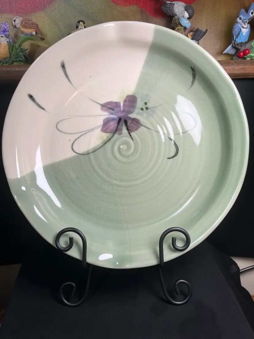 Kent Follette Pottery-Signed 11" Scalloped Shallow Bowl-Sage Green w/ Purple Flowers-Lot 48