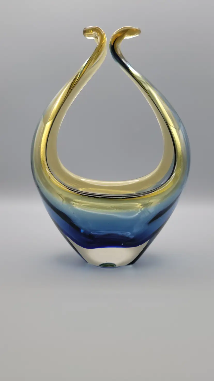 Vintage Hand Blown Blue and Amber Art Glass Basket Unsigned UV Glow