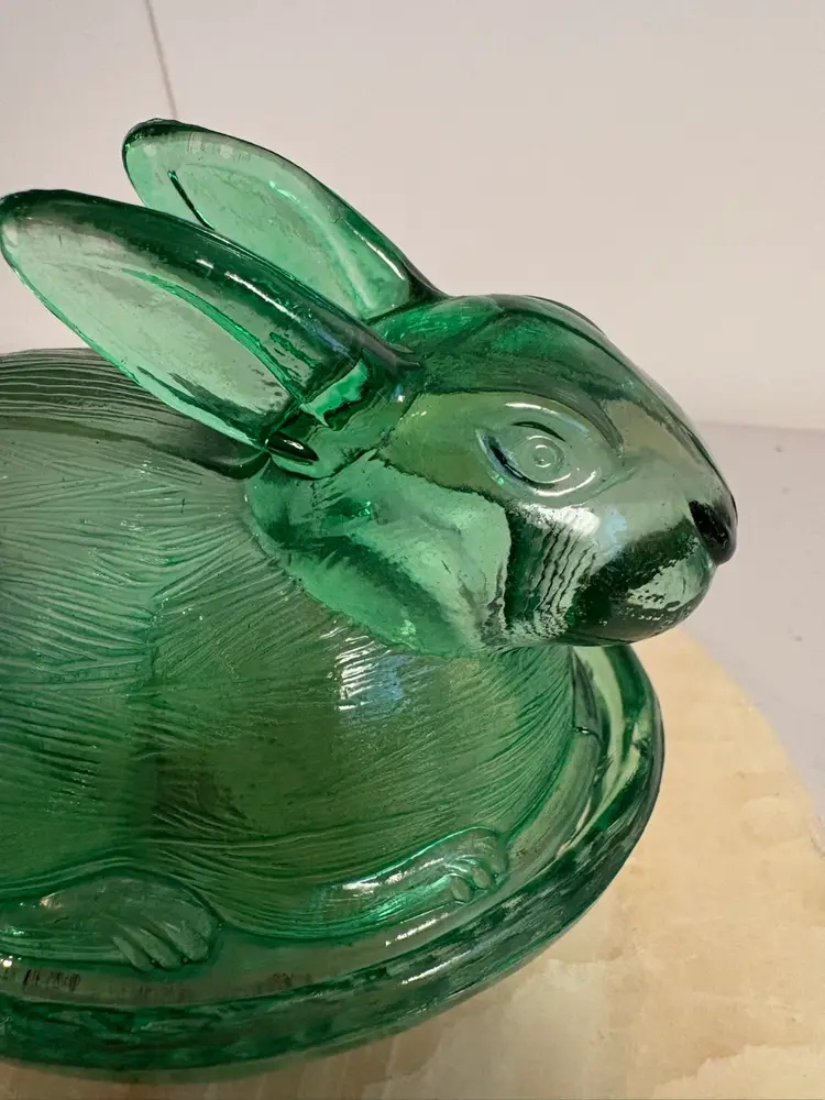 Green Glass Rabbit Bunny Trinket Box / Candy Dish