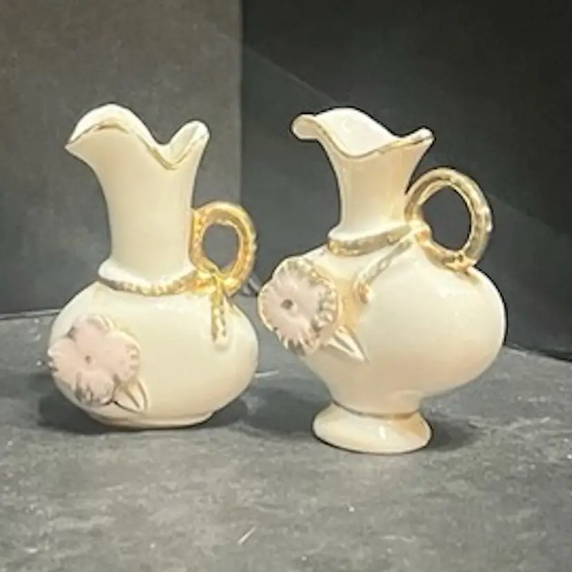Pair of Miniature Pitchers Pink Flowers Golf Gilt
