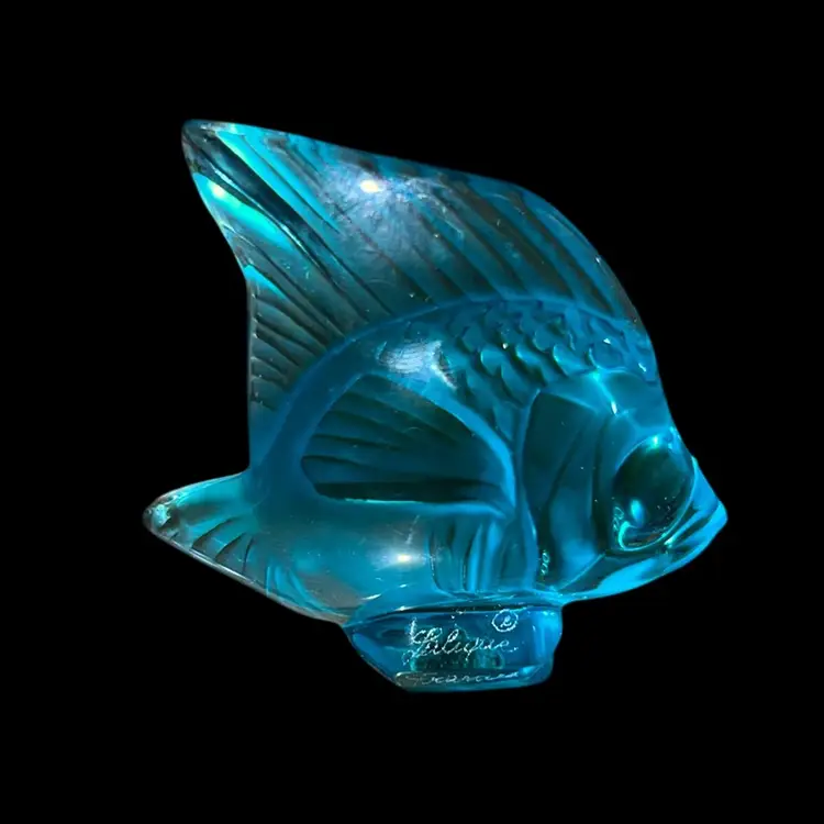 Lalique Crystal, France BLUE Turquoise Angel Fish Figurine, 2" Signed
