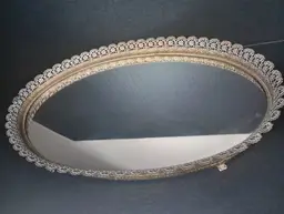 Vintage Hollywood Regency Mid Century 17 in Wide Oval Footed Mirrored Vanity Tray