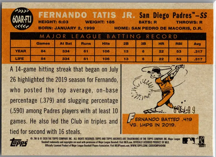 2020 Topps Archives Fernando Tatis Jr. 1960 All-Star Rookies Black #/99