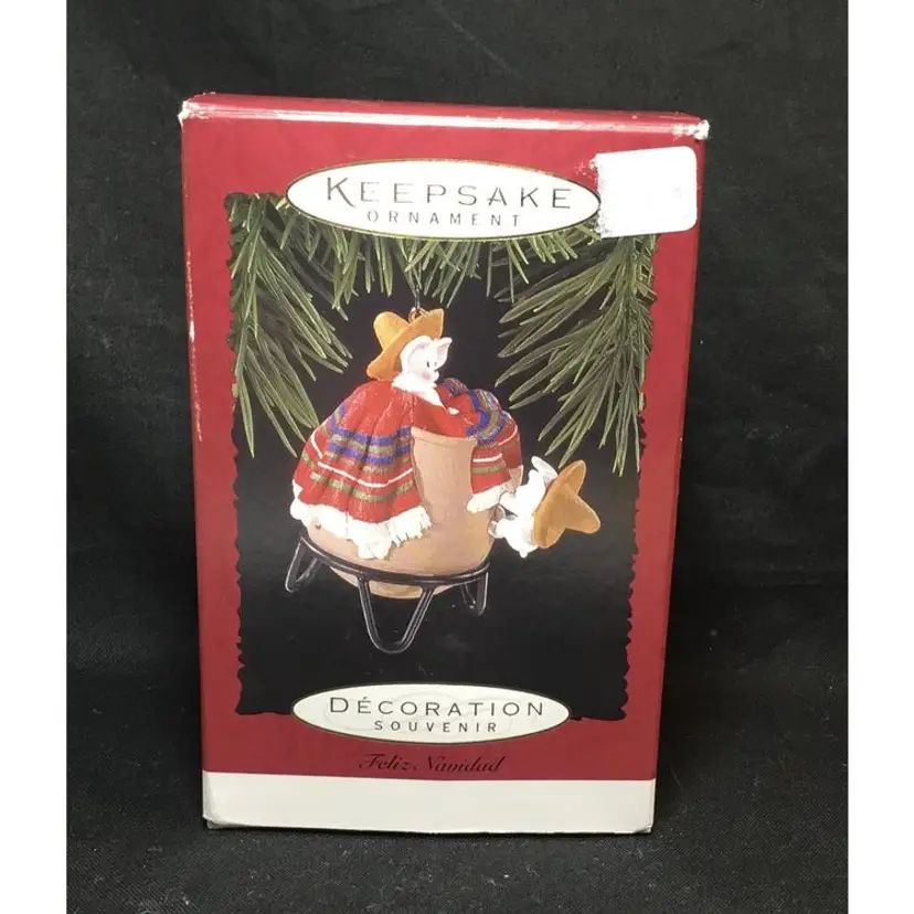 1996 Hallmark Ornament, Feliz Navidad Mice, Clay Pot, Blanket, Resin