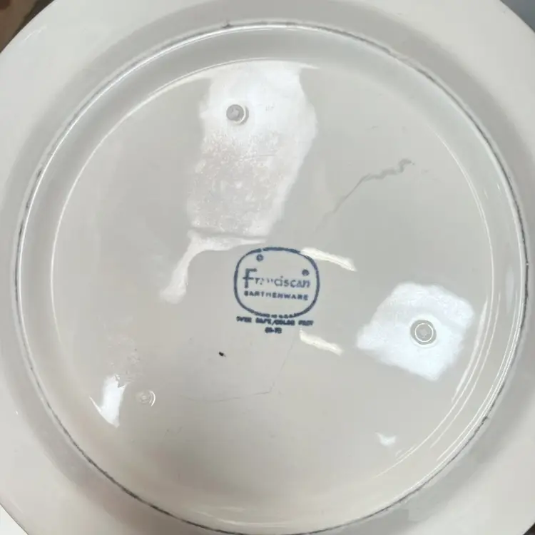 Vintage 4pc FRANCISCAN 10.5” PLATE Set 
California Craftsman Floral Earthenware Green Trim USA 1970