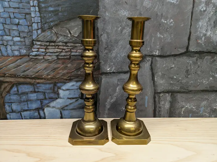 Vintage Pair of Brass Candle Stick Holders 10 3/4” Tall Square Base Candlestick Taper Turned Stem Patina