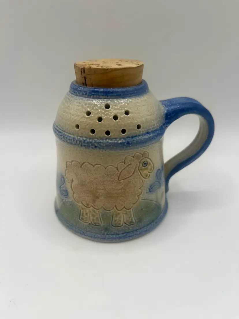 Small Stoneware Corked Shaker Sheep Farmhouse Signed