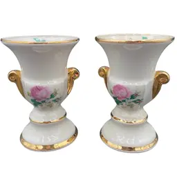 Pair of Vintage Porcelain Urn-style Vase w/double scroll handles, Roses & Gold