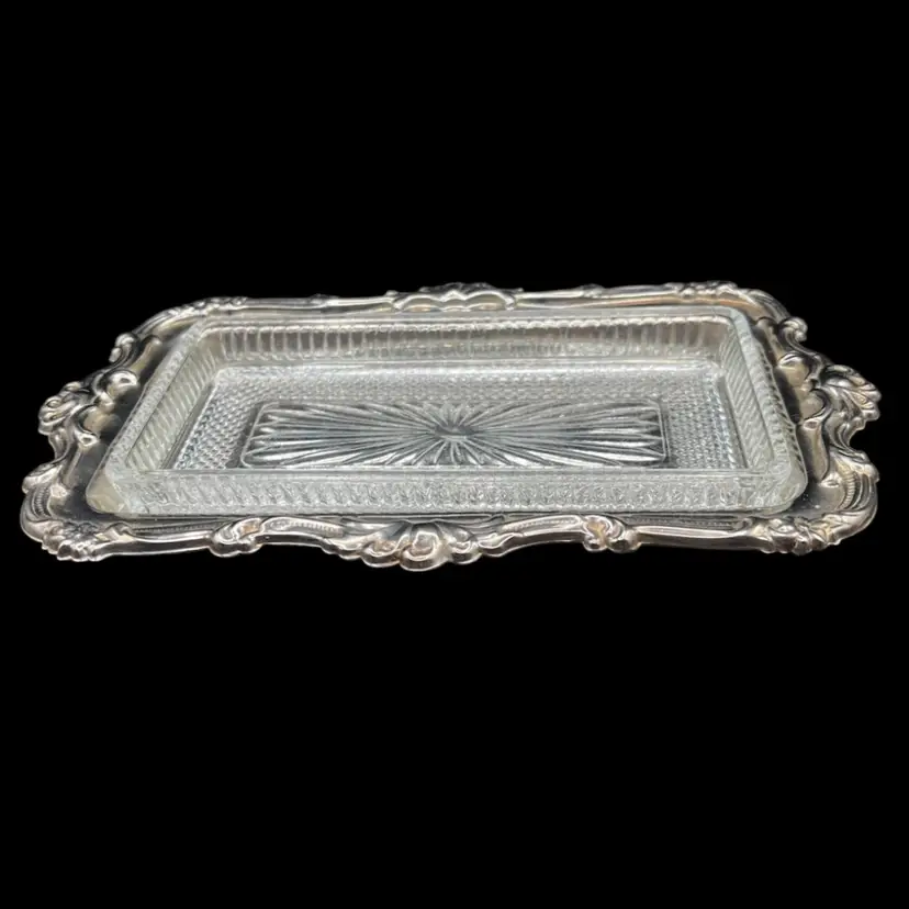 #242B Vintage Fancy/Ornate Silverplate EP On Steel & Removable Cut Glass Butter/Relish Dish Made In Hong Kong