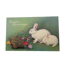 Antique Easter Postcard With White Rabbits & Basket Of Eggs