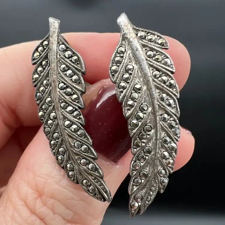 Art Deco Leaf Sterling Sliver Screw Back Earrings With Marcasite