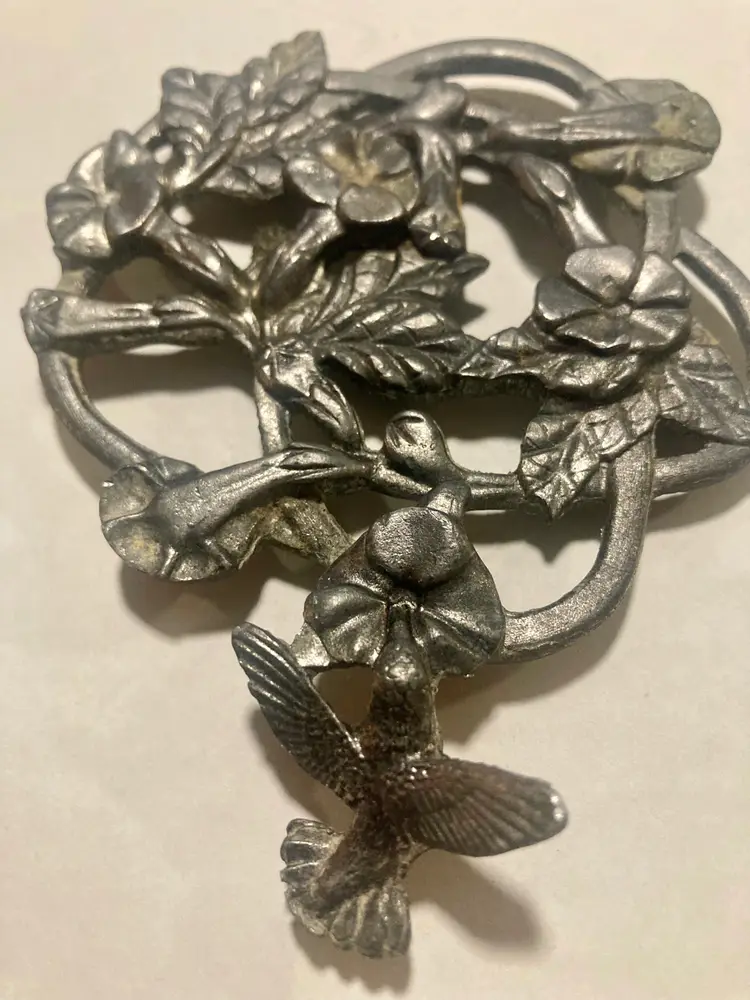 Metzke Pewter Vintage Hummingbird And Flowers Trivet 1986 Spring Easter 3.25x4in