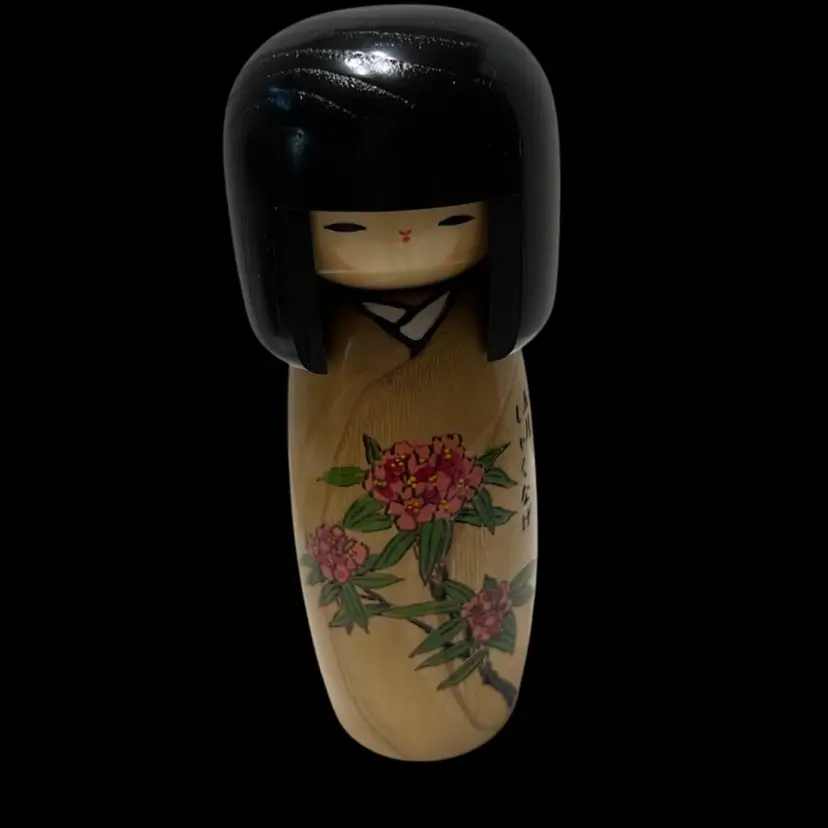 Wood USABURO KOKESHI Doll, Signed Rhododendron Flowers “May Widening” 7”x3”