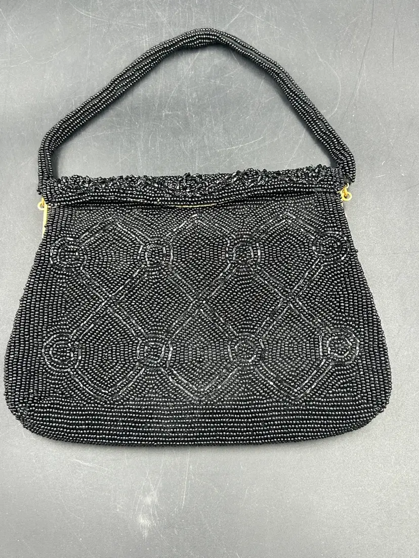 Vintage Black Glass Beaded Walborg Japan Evening Purse spring frame closure